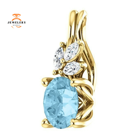 14KT GOLD 0.75 CT AQUAMARINE & 0.10 CTW DIAMOND FLORAL PENDANT - Image 8