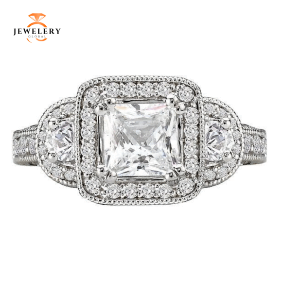 14KT 2.00 CTW DIAMOND 3 STONE SQUARE HALO RING