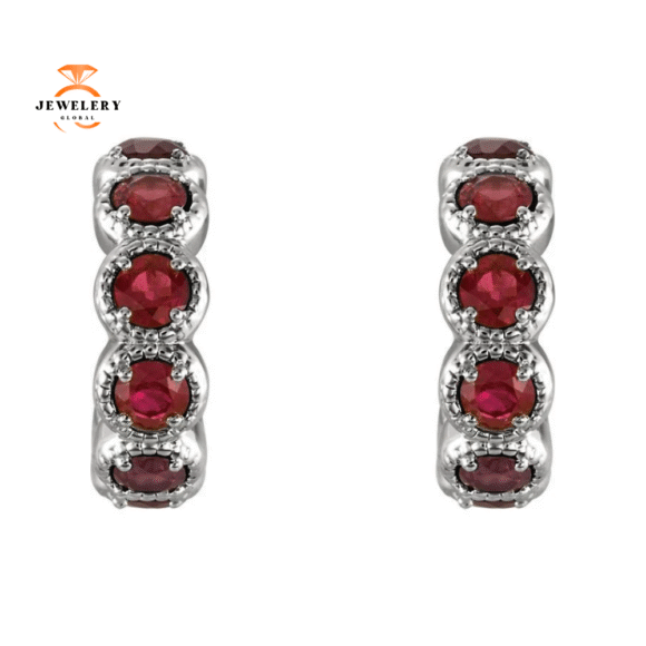 14KT GOLD 1.25 CTW ROUND GARNET J HOOP EARRINGS - Image 3