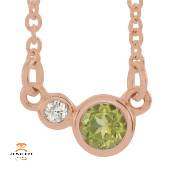 14KT GOLD 0.30 CT PERIDOT & 0.03 CTW DIAMOND 2 STONE BEZEL-SET NECKLACE - Image 3