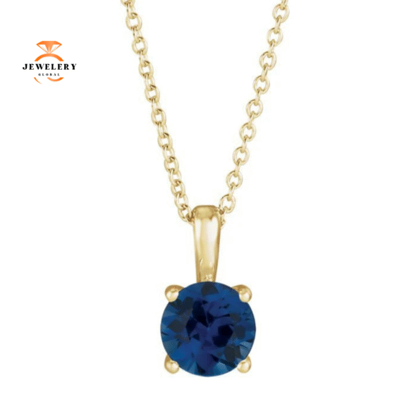 14KT GOLD 0.30 CT ROUND BLUE SAPPHIRE SOLITAIRE NECKLACE - Image 7