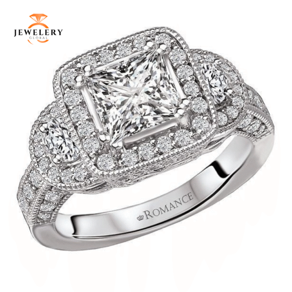 14KT 2.00 CTW DIAMOND 3 STONE SQUARE HALO RING - Image 2