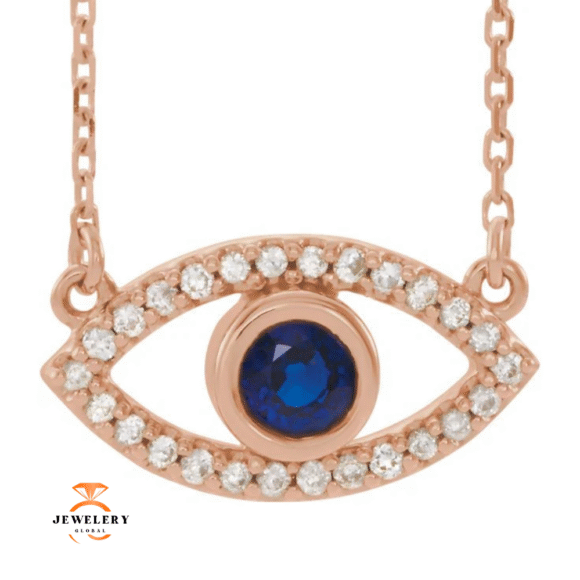 14KT GOLD DIAMOND AND SAPPHIRE EVIL EYE NECKLACE - Image 3