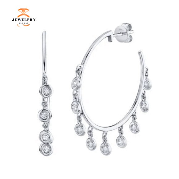 14KT GOLD .45 CTW DIAMOND BEZEL-SET SHAKER HOOP EARRINGS