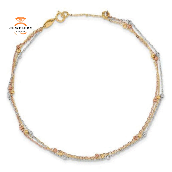 14KT TRI-COLOR GOLD 3-STRAND DIAMOND CUT BEADED ANKLET