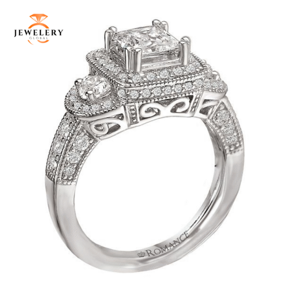 14KT 2.00 CTW DIAMOND 3 STONE SQUARE HALO RING - Image 3