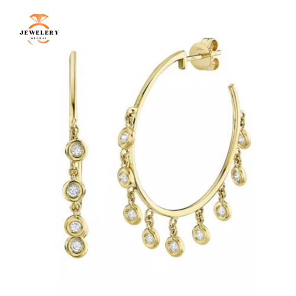 14KT GOLD .45 CTW DIAMOND BEZEL-SET SHAKER HOOP EARRINGS - Image 2
