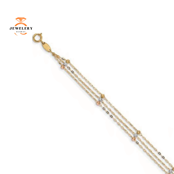 14KT TRI-COLOR GOLD 3-STRAND DIAMOND CUT BEADED ANKLET - Image 3