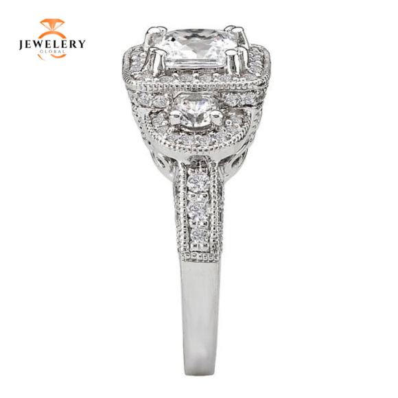 14KT 2.00 CTW DIAMOND 3 STONE SQUARE HALO RING - Image 4
