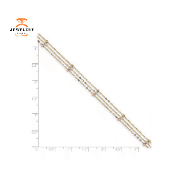 14KT TRI-COLOR GOLD 3-STRAND DIAMOND CUT BEADED ANKLET - Image 2