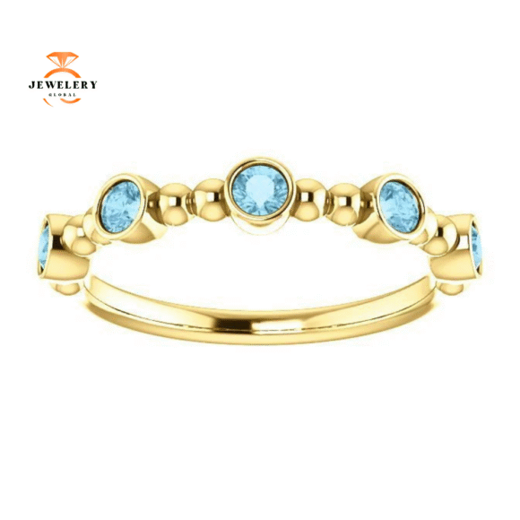 14KT GOLD 0.30 CTW AQUAMARINE BEZEL-SET 5 STONE BEADED RING - Image 7