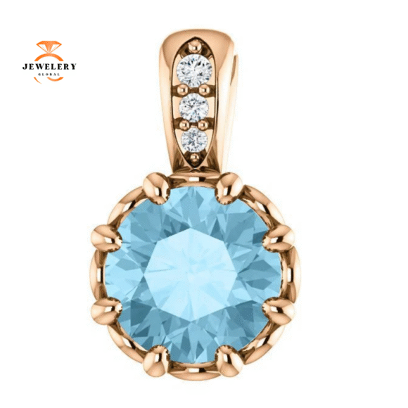 14KT GOLD 0.75 CT AQUAMARINE & TAPERED DIAMOND PENDANT