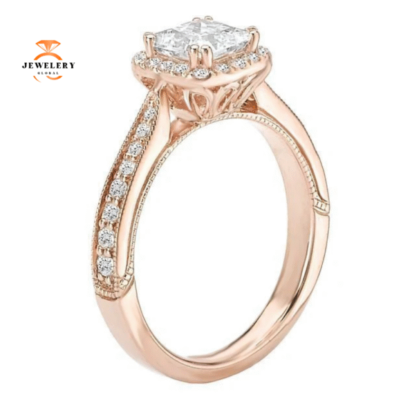 14KT GOLD 1/3 CTW DIAMOND SQUARE HALO SETTING FOR 1 CT PRINCESS/CUSHION - Image 7
