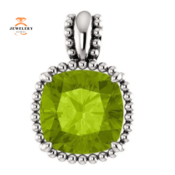 14KT GOLD 2.40 CT PERIDOT BEADED CUSHION PENDANT