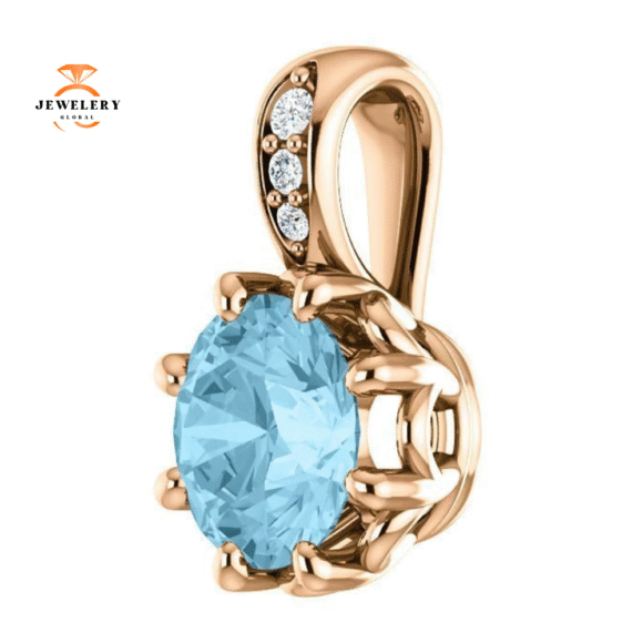 14KT GOLD 0.75 CT AQUAMARINE & TAPERED DIAMOND PENDANT - Image 2
