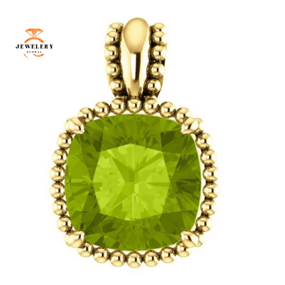 14KT GOLD 2.40 CT PERIDOT BEADED CUSHION PENDANT - Image 4