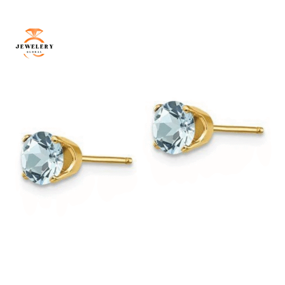 14KT GOLD 5MM ROUND AQUAMARINE EARRINGS - Image 3