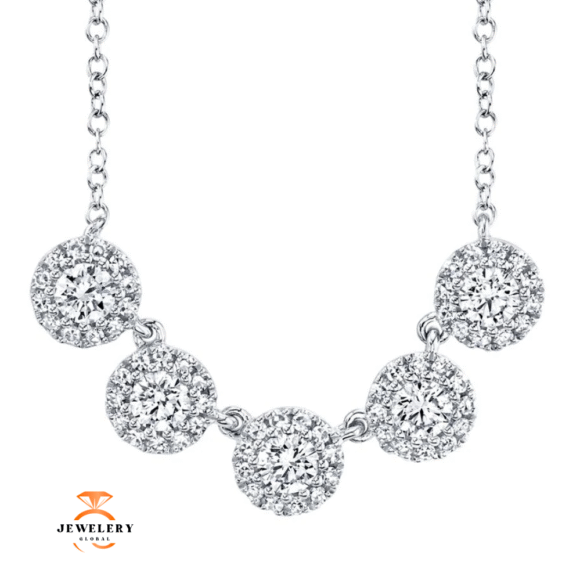 14KT WHITE GOLD 0.53 CTW DIAMOND 5 STATION HALO NECKLACE