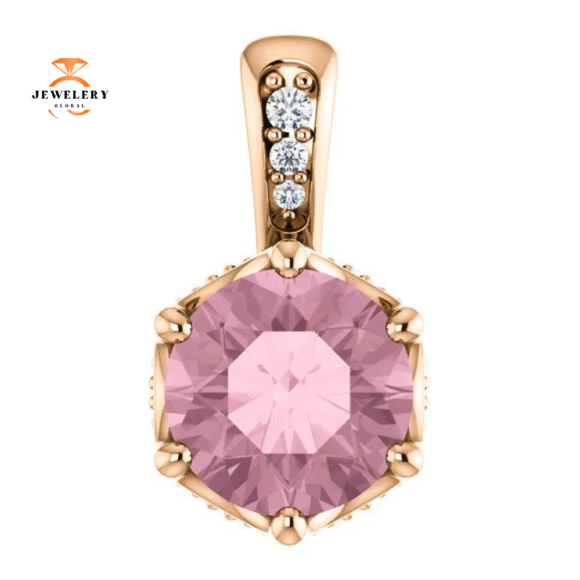 14KT GOLD PINK PASSION TOPAZ & .06 CTW DIAMOND ACCENT PENDANT