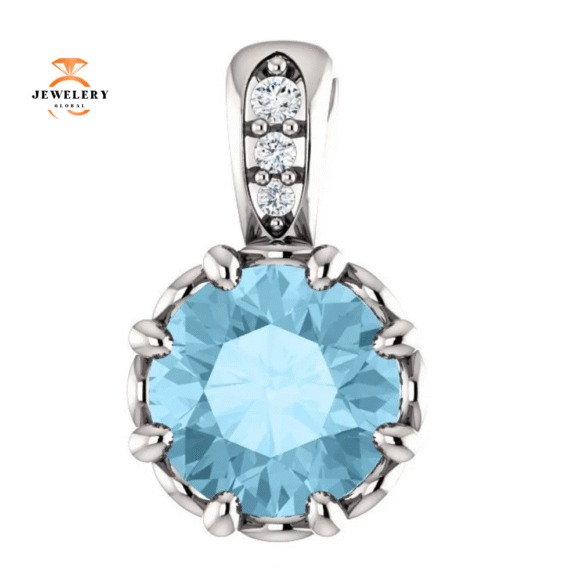 14KT GOLD 0.75 CT AQUAMARINE & TAPERED DIAMOND PENDANT - Image 4