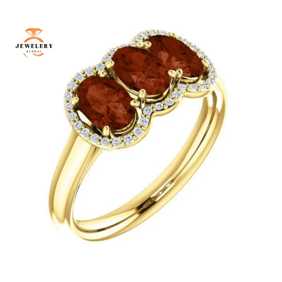 14KT GOLD 1.74 CTW GARNET & .10 CTW DIAMOND 3 STONE OVAL HALO RING