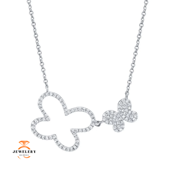 14KT GOLD 1/4 CTW DIAMOND DOUBLE BUTTERFLY NECKLACE