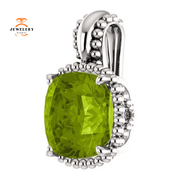 14KT GOLD 2.40 CT PERIDOT BEADED CUSHION PENDANT - Image 2