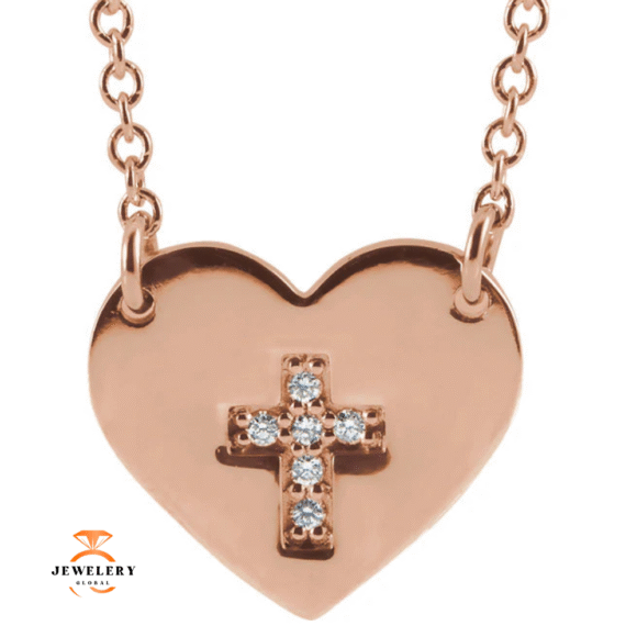 14KT GOLD DIAMOND HEART WITH CROSS NECKLACE