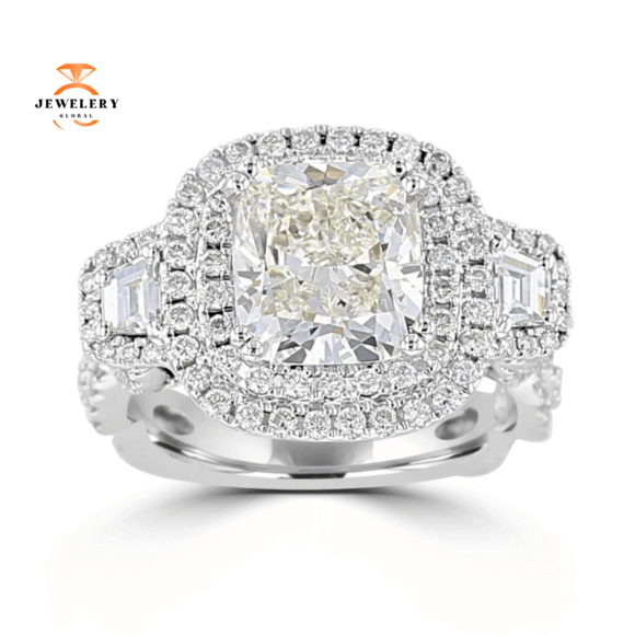 14KT White Gold 4.64 CTW Diamond 3 Stone Double Halo Ring