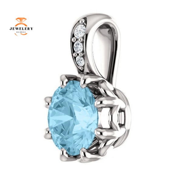 14KT GOLD 0.75 CT AQUAMARINE & TAPERED DIAMOND PENDANT - Image 5