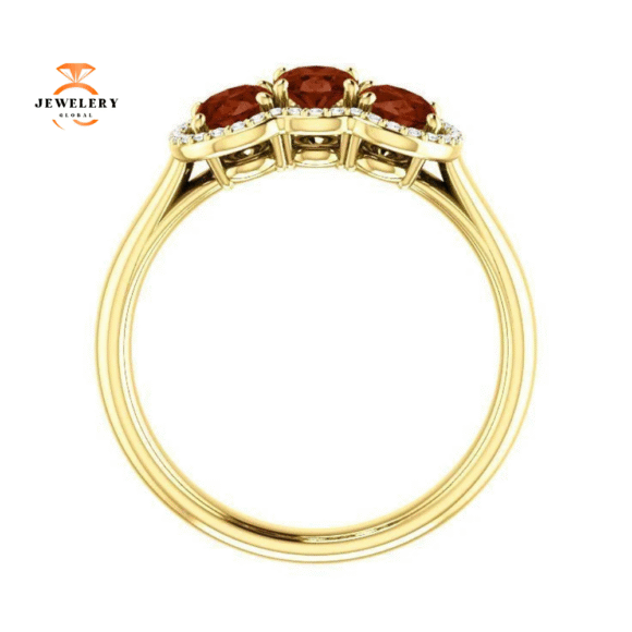 14KT GOLD 1.74 CTW GARNET & .10 CTW DIAMOND 3 STONE OVAL HALO RING - Image 2