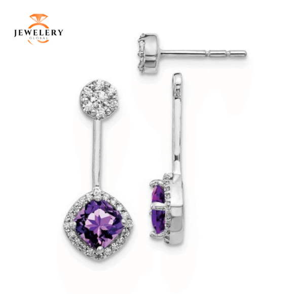 14KT 2.10 CTW AMETHYST & .33 CTW DIAMOND CUSHION HALO EARRINGS