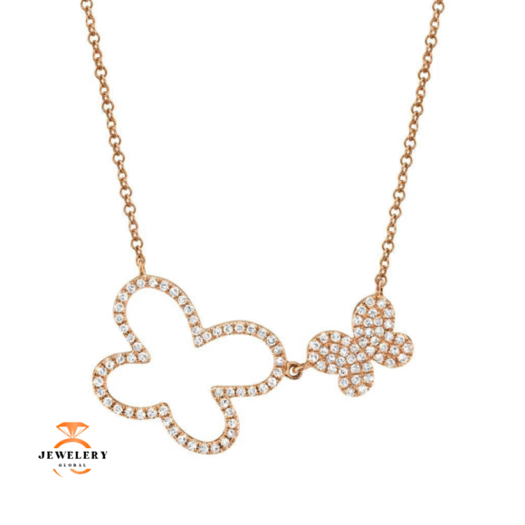 14KT GOLD 1/4 CTW DIAMOND DOUBLE BUTTERFLY NECKLACE - Image 2