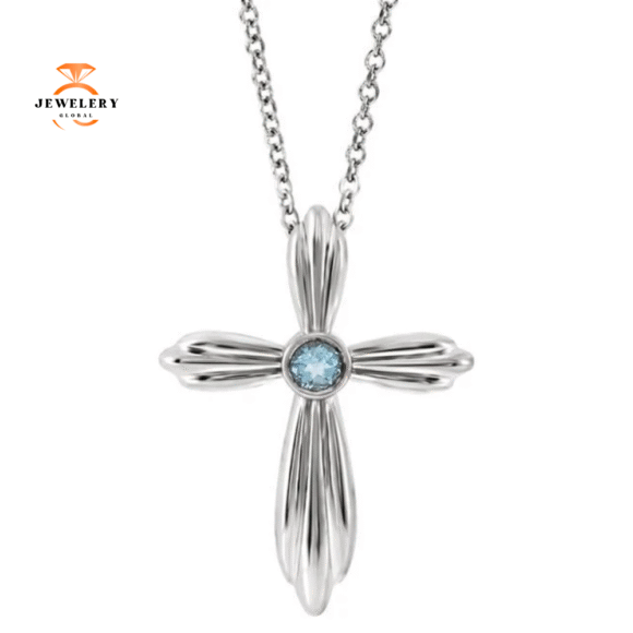 14KT GOLD BEZEL-SET AQUAMARINE CROSS NECKLACE