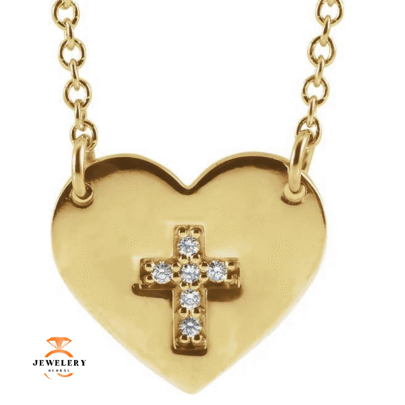14KT GOLD DIAMOND HEART WITH CROSS NECKLACE - Image 2