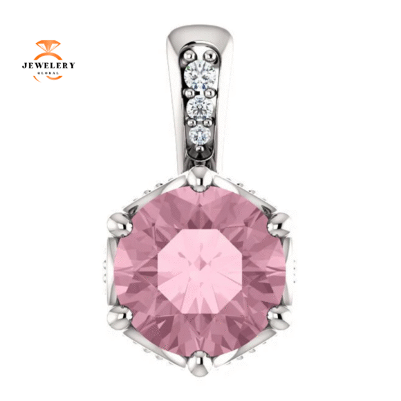 14KT GOLD PINK PASSION TOPAZ & .06 CTW DIAMOND ACCENT PENDANT - Image 3