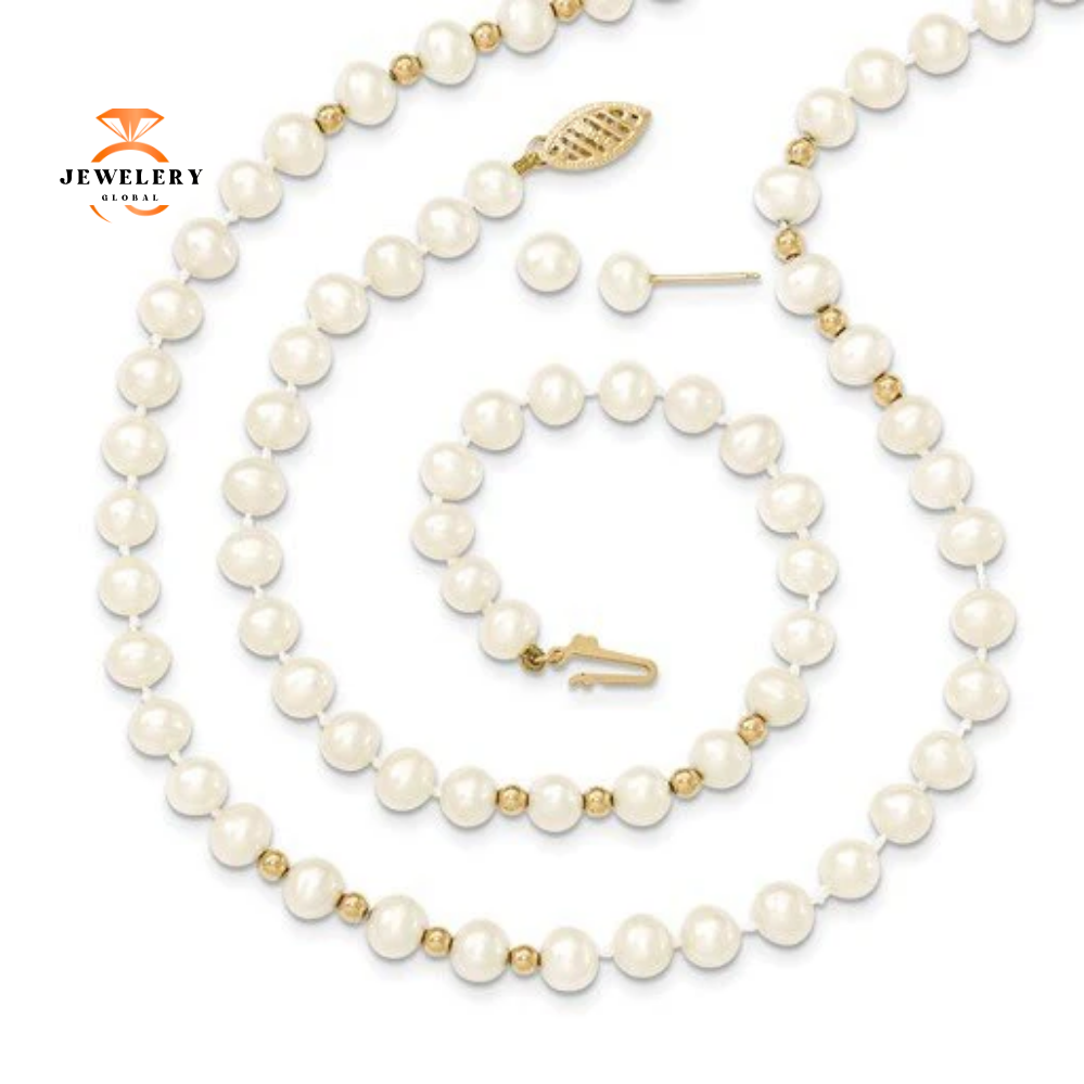 14KT GOLD WHITE CULTURED PEARL NECKLACE, BRACELET, & EARRING SET