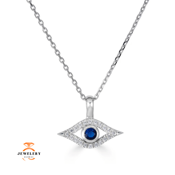 14KT WHITE GOLD 0.16CTW SAPPHIRE & DIAMOND EVIL EYE NECKLACE