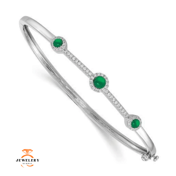 14KT WHITE GOLD 0.94 CTW EMERALD & 0.25 CTW DIAMOND BANGLE BRACELET