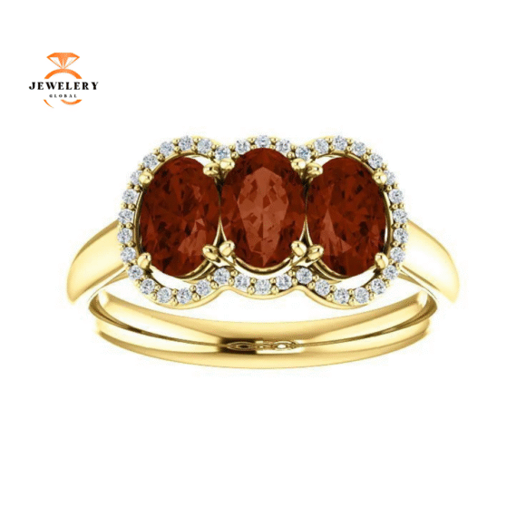 14KT GOLD 1.74 CTW GARNET & .10 CTW DIAMOND 3 STONE OVAL HALO RING - Image 3