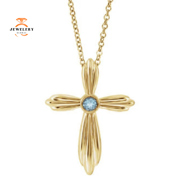 14KT GOLD BEZEL-SET AQUAMARINE CROSS NECKLACE - Image 2