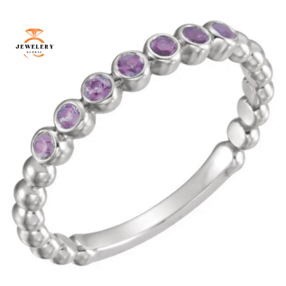 14KT GOLD GENUINE 0.21 CTW ALEXANDRITE BEADED STACKABLE RING - Image 2