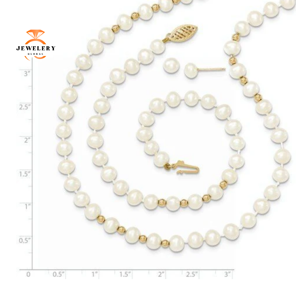 14KT GOLD WHITE CULTURED PEARL NECKLACE, BRACELET, & EARRING SET - Image 2