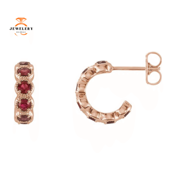14KT GOLD 1.26 CTW ROUND RUBY J HOOP EARRINGS