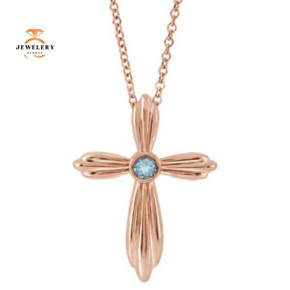14KT GOLD BEZEL-SET AQUAMARINE CROSS NECKLACE - Image 3