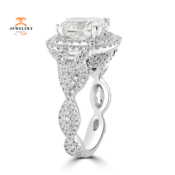 14KT White Gold 4.64 CTW Diamond 3 Stone Double Halo Ring - Image 4