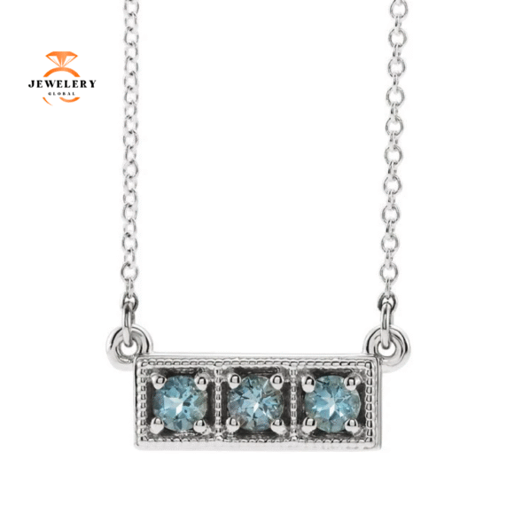 14KT GOLD 0.30 CTW ROUND AQUAMARINE 3 STONE PETITE BAR NECKLACE