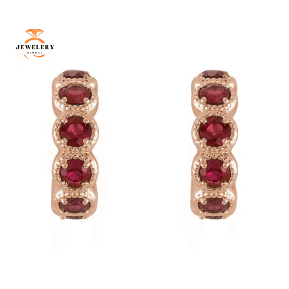 14KT GOLD 1.26 CTW ROUND RUBY J HOOP EARRINGS - Image 2
