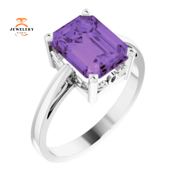14KT GOLD 2.25 CT EMERALD CUT AMETHYST SCROLL RING