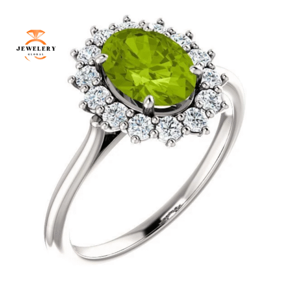 14KT GOLD PERIDOT & DIAMOND OVAL HALO RING - Image 4